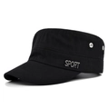 Black canvas military flat top cap with silver SPORT metal emblem and breathable eyelets - Adjustable / Black