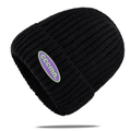 Black ribbed knit beanie with purple cccmn letter patch for winter warmth and fashion - Black (KN816-1)