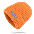 Detailed shot of heavy knit beanie featuring a purple and green rubber logo patch - Orange (KN816-3)