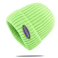 Detail showing high-quality lime green ribbed knit texture and purple logo label - Green (KN816-6)