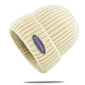 Chic cream knit beanie hat with rib-knit texture and colorful logo patch for winter - Beige (KN816-7)