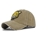 Detail view of khaki vintage washed cotton baseball cap with leopard embroidery - Khaki