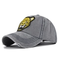 Close-up of vintage washed grey baseball cap with 3D tiger embroidery and distressed brim - Gray