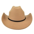 Dettaglio cappello cowboy in feltro color cammello con fascia in pelle e fibbia argento - M / Cachi