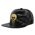 Hip hop snapback hat featuring black crocodile embossed leather and golden skull metal badge - Black