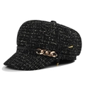 Elegante cappello newsboy in tweed nero e oro con catena metallica e fiocco laterale - M (56-58cm) / Nero con Glitter Oro