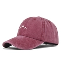 Macro detail of mountain embroidery on a maroon washed vintage cotton baseball cap - Adjustable / Classic Style / Wine Red (CB481-2)