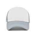 Detail view of breathable grey mesh and white front panel on a trucker baseball cap - White and Gray