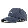Detailed close-up of mountain embroidery on a vintage washed navy cotton baseball cap - Adjustable / Classic Style / Navy Blue (CB481-3)