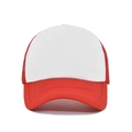 Detail view of red and white mesh trucker hat with four-row parallel visor stitching - White and Red