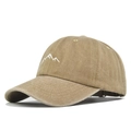 Detailed view of mountain embroidery on khaki washed cotton vintage baseball cap - Adjustable / Classic Style / Khaki (CB481-4)