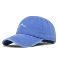 Detail view of white mountain embroidery on washed blue denim baseball cap surface - Adjustable / Classic Style / Sky Blue (CB481-6)