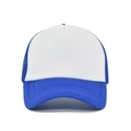 Detailed close-up of blue and white mesh trucker hat showing stitch texture and airy design - White and Blue
