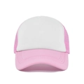Detail of pink mesh back and white front panel on breathable 5-panel trucker hat - White with Pink