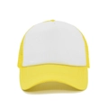 Close-up of yellow and white mesh trucker hat showing breathable foam and curved brim - White and Yellow