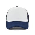 Front view of a navy blue and white mesh trucker hat with a curved brim and blank front - White and Navy