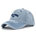 Close-up of premium denim texture and New York 08 3D embroidery on baseball cap - Adjustable / Light Blue