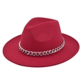 Classic red wool felt jazz fedora hat with stylish silver metal chain band decoration - M (56-58cm) / Red