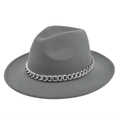 Close-up of grey wool fedora hat featuring a chunky silver metal Cuban link chain band - M (56-58cm) / Gray
