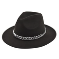 Close-up of black wool fedora featuring a polished silver metal chain strap detail - M (56-58cm) / Coffee