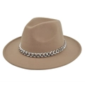 Close-up of camel wool fedora hat featuring a chunky silver metal chain on the flat brim - M (56-58cm) / Khaki