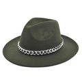 Detailed view of the olive green fedora hat with a bold silver metal chain accent - M (56-58cm) / Army Green