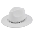 Detailed close-up of a white wool fedora hat featuring a chunky silver metal chain link band - M (56-58cm) / White