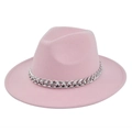 Pink wool fedora hat with wide brim and decorative silver chunky metal chain accessory - M (56-58cm) / Pink