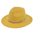 Close-up of bright yellow wool fedora hat featuring a chunky silver metal chain band detail - M (56-58cm) / Yellow