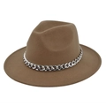 Detailed close-up of a camel wool fedora hat featuring a chunky silver metal chain band - M (56-58cm) / Dark Khaki