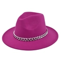 Detailed texture of magenta wool fedora hat featuring a chunky silver chain decoration - M (56-58cm) / Rose Red