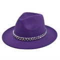 Close-up of a purple wool fedora hat with a wide brim and bold silver metal chain detail - M (56-58cm) / Purple
