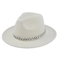 Detail of cream wool fedora hat featuring a chunky silver metal chain on the brim - M (56-58cm) / Off White