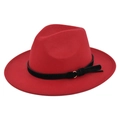 Detail of red wool felt fedora featuring a black leather band and gold metal buckle - M (56-58cm) / Red