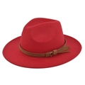 Detail of red fedora hat featuring a brown leather belt with metal ring and tassel decor - M (56-58cm) / Red