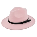 Detailed top view of a pink wool fedora hat featuring a black band with gold buckle - M (56-58cm) / Pink