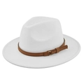 Close-up of a white felt fedora hat featuring a brown leather band and gold metal ring buckle - M (56-58cm) / White