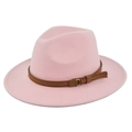 Close-up of pink wool fedora hat with brown suede belt and gold metal buckle detail - M (56-58cm) / Pink