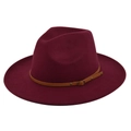 Detailed texture of burgundy wool fedora hat with brown leather belt and metal buckle - Burgundy