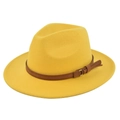 Detail of a bright yellow wool fedora hat with a premium dark brown PU leather band - M (56-58cm) / Yellow