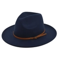 Close-up of deep blue wool fedora featuring a brown faux leather belt and vintage metal buckle - Navy Blue