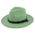 Detail of light green fedora hat with a black leather band and gold metal buckle - M (56-58cm) / Verdant