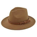 Detailed macro view of the wool fedora hat's suede band and golden buckle decoration - M (56-58cm) / Dark Khaki