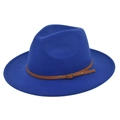 Detail view of royal blue fedora hat with brown leather band and metal rivets decoration - Blue