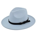 Detail view of light blue wool felt fedora featuring a slim black leather band and gold buckle - M (56-58cm) / Sky Blue