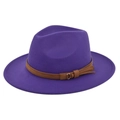 Detail view of purple wool fedora hat with brown leather belt and metallic buckle buckle - M (56-58cm) / Purple