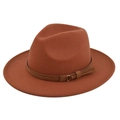 Classic vintage rust-colored wool felt fedora hat with a brown faux leather belt and buckle - M (56-58cm) / Rust red