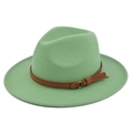 Detail of mint green wool fedora hat with brown leather belt and gold buckle strap - M (56-58cm) / Verdant