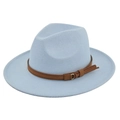Light blue wool fedora hat with brown faux suede belt and metal ring buckle detail - M (56-58cm) / Sky Blue