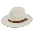 Detail of cream wool fedora with brown leather band, gold buckle and tassel fringe - M (56-58cm) / Off White